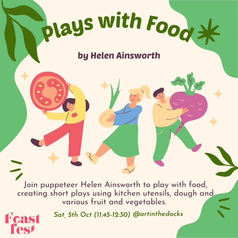 Join puppeteer Helen Ainsworth for Play with Food – a wonderfully messy, creative workshop where families transform everyday kitchen items into playful characters! Using fruit, vegetables, dough, and utensils, you’ll invent short puppet shows together.